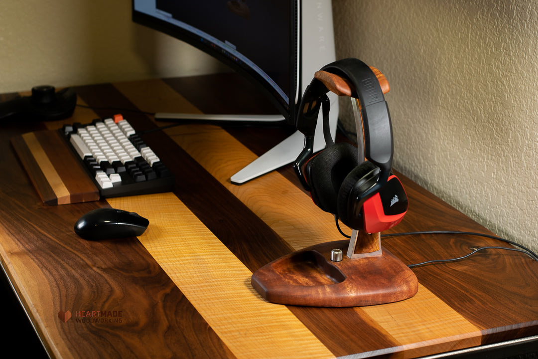 Quilted Mahogany and Spalted Maple Headphone Stand with LED Lighting