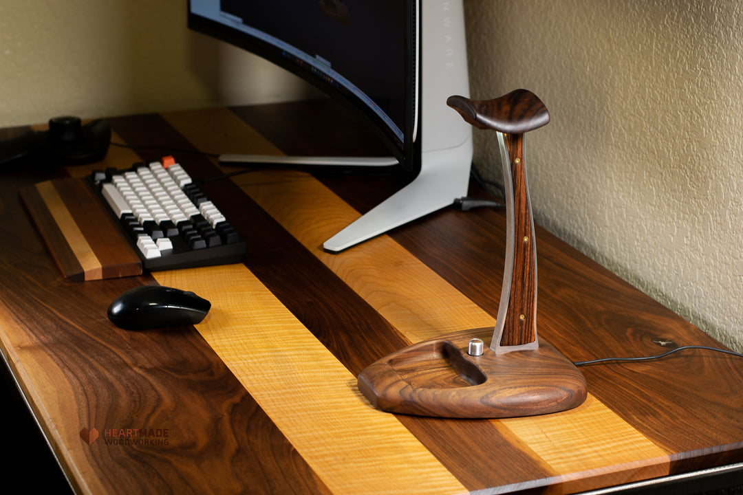 Walnut and Zebrawood Headphone Stand with LED Lighting