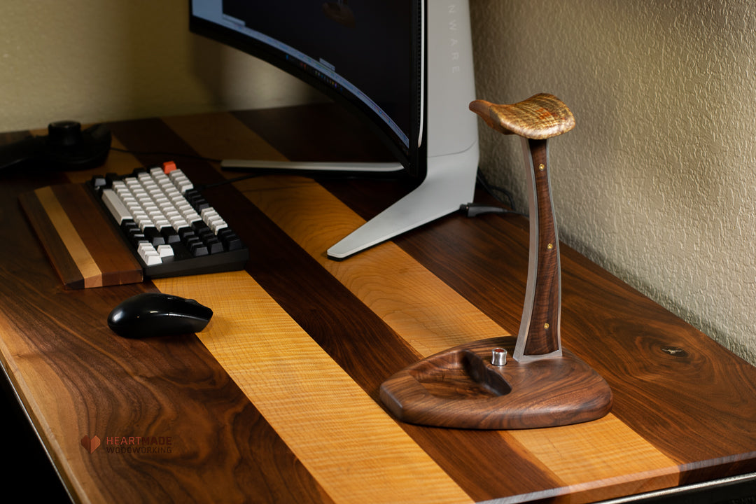 Walnut and Spalted Maple Headphone stand. Heartmade Woodworking, Austin, TX.