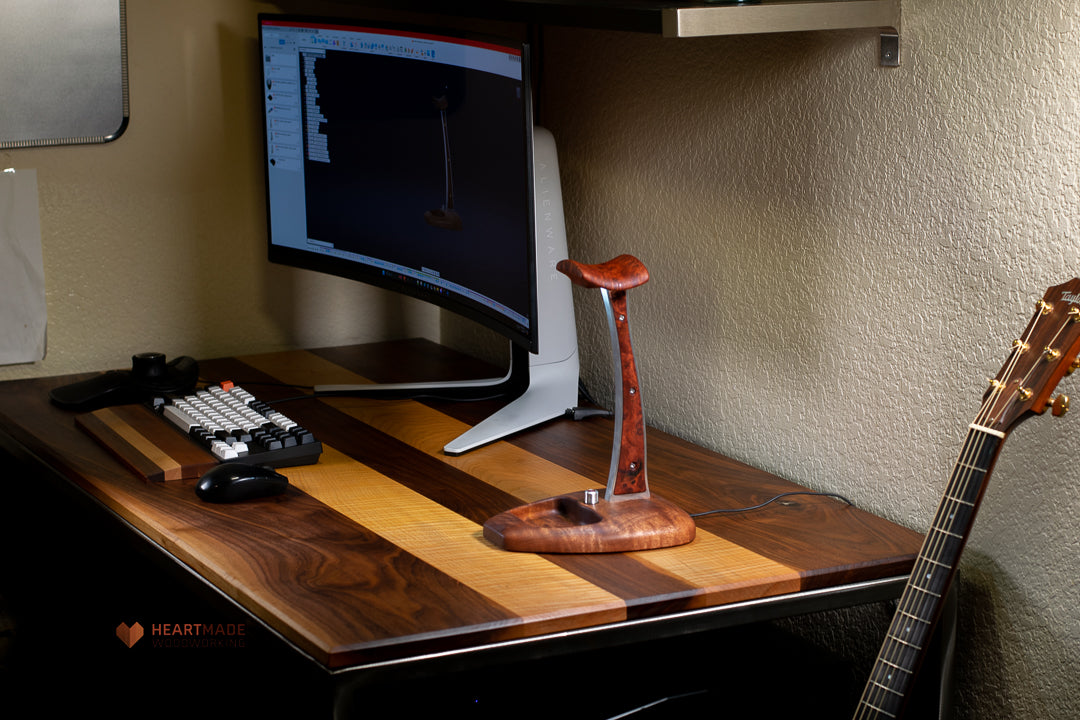 Quilted Mahogany and Burled Amboyna Headphone Stand With LED Lighting