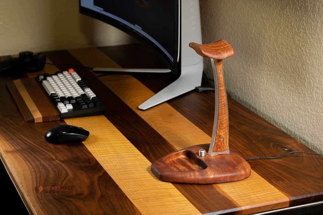 Quilted Mahogany and Spalted Maple Headphone Stand with LED Lighting