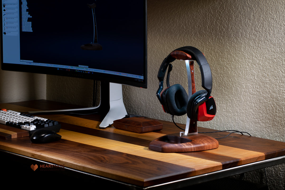 Quilted Mahogany and Burled Amboyna Headphone Stand With LED Lighting