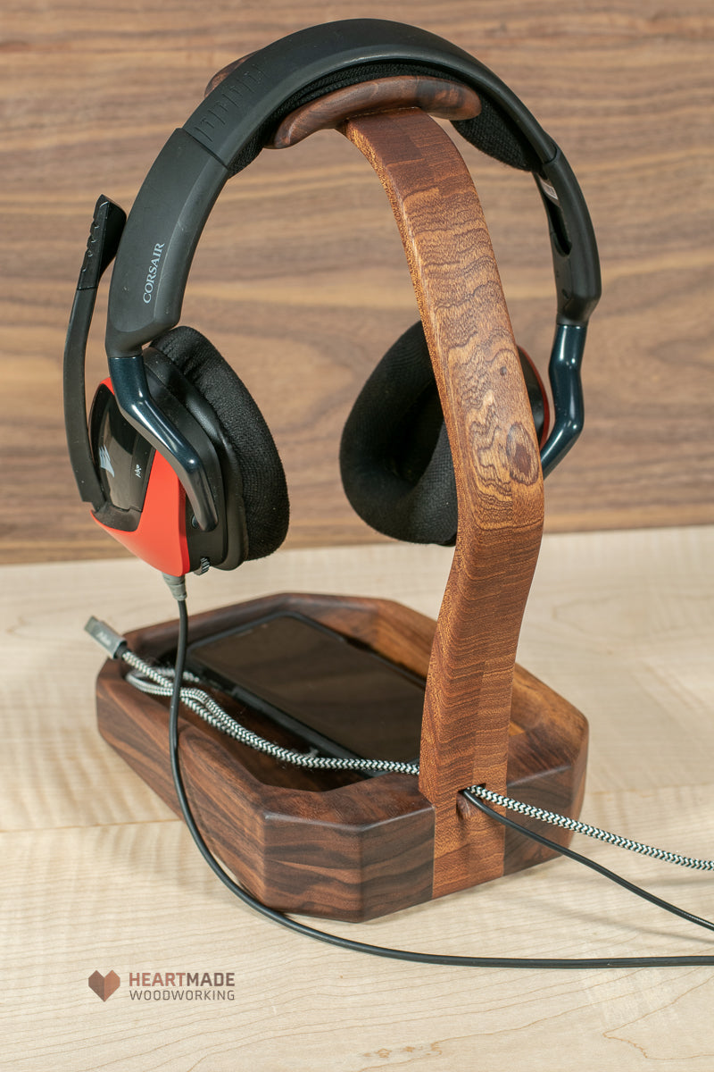 Headphone Stand With Valet Tray - Walnut and Mahogany Hardwoods