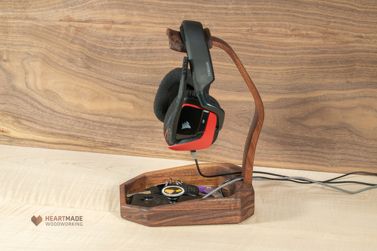 Headphone Stand With Valet Tray - Walnut and Mahogany Hardwoods