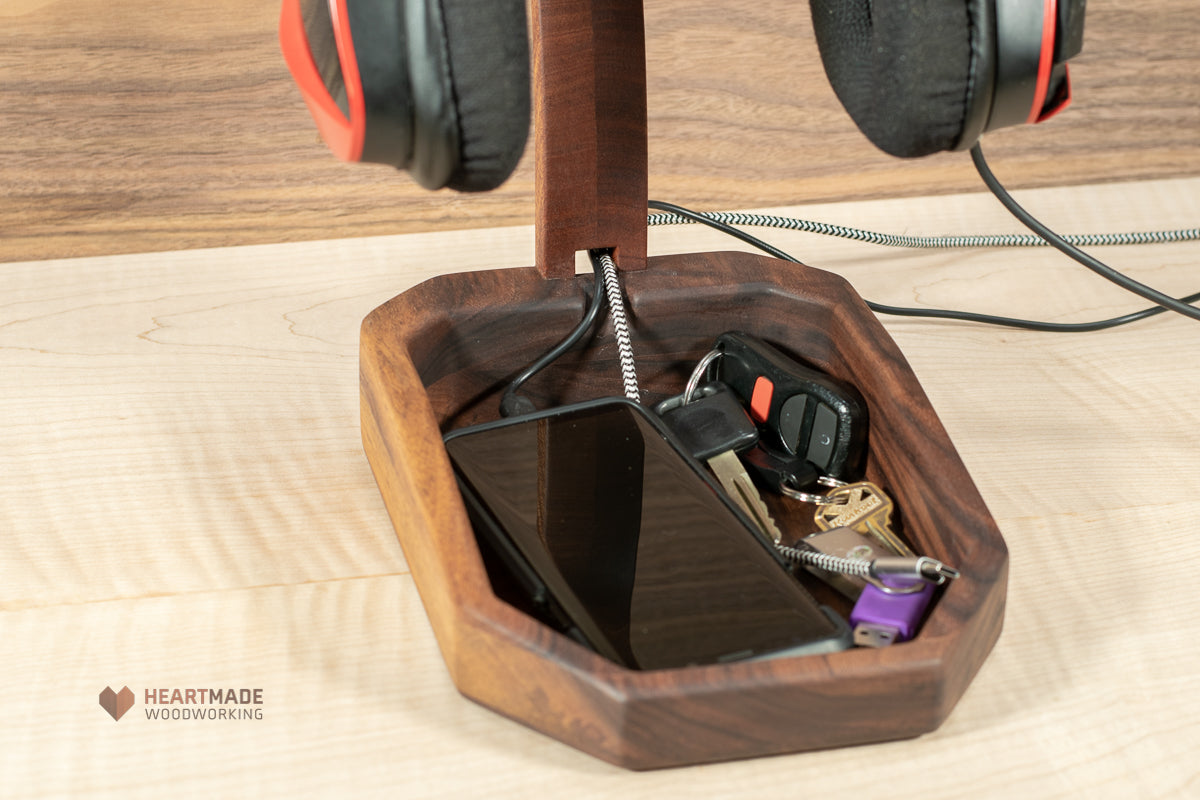 Headphone Stand With Valet Tray - Walnut and Mahogany Hardwoods