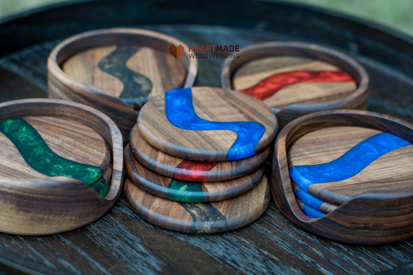 Epoxy River Coasters With Holder - Large Round Coasters - Blue, Green, Red, Bronze - Walnut Wood