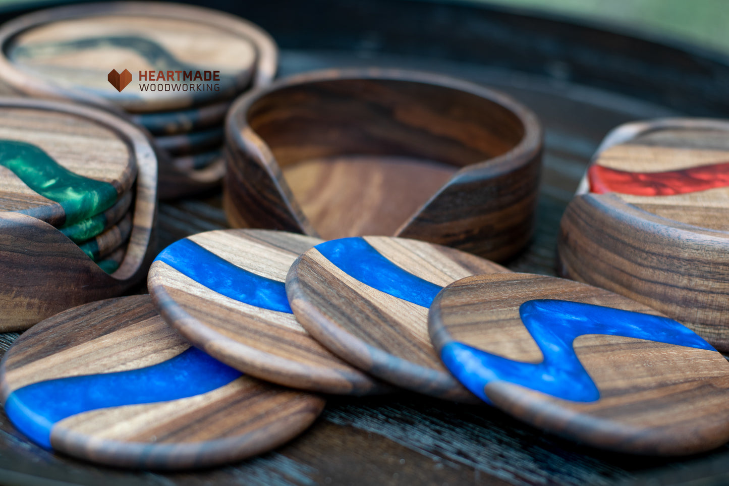 Epoxy River Coasters With Holder - Large Round Coasters - Blue, Green, Red, Bronze - Walnut Wood