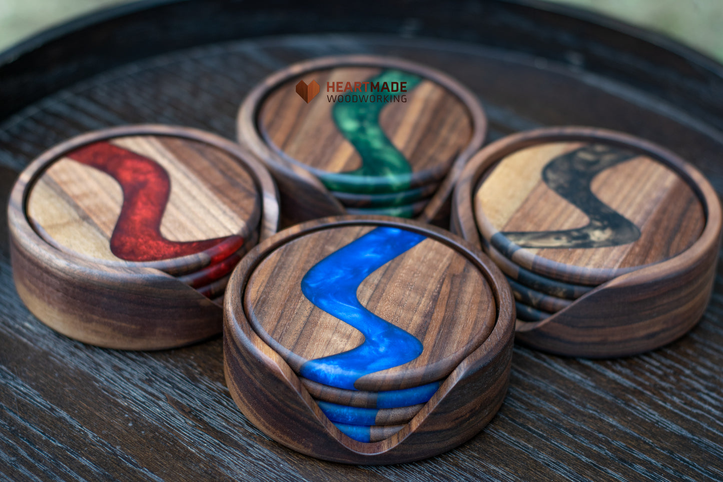 Epoxy River Coasters With Holder - Large Round Coasters - Blue, Green, Red, Bronze - Walnut Wood