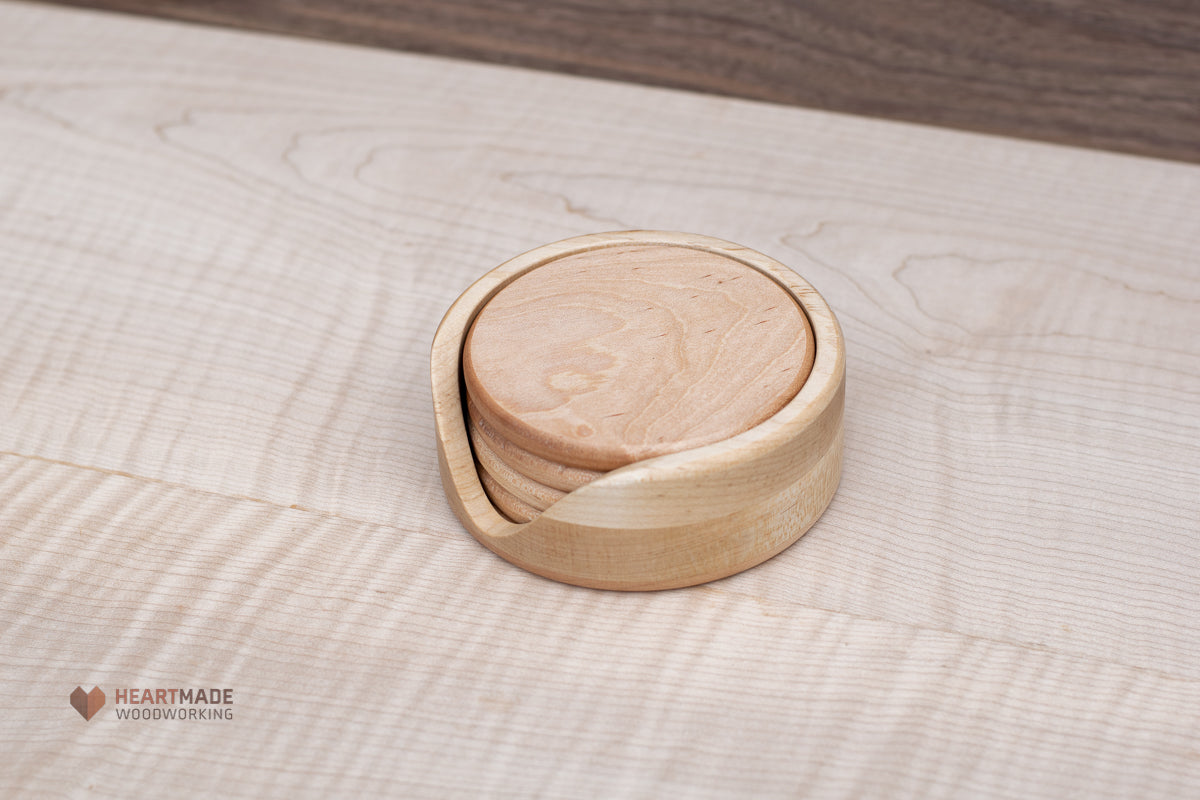 Round Wood Coasters With Holder- Large Wood Coasters - Walnut, Mahogany, Maple