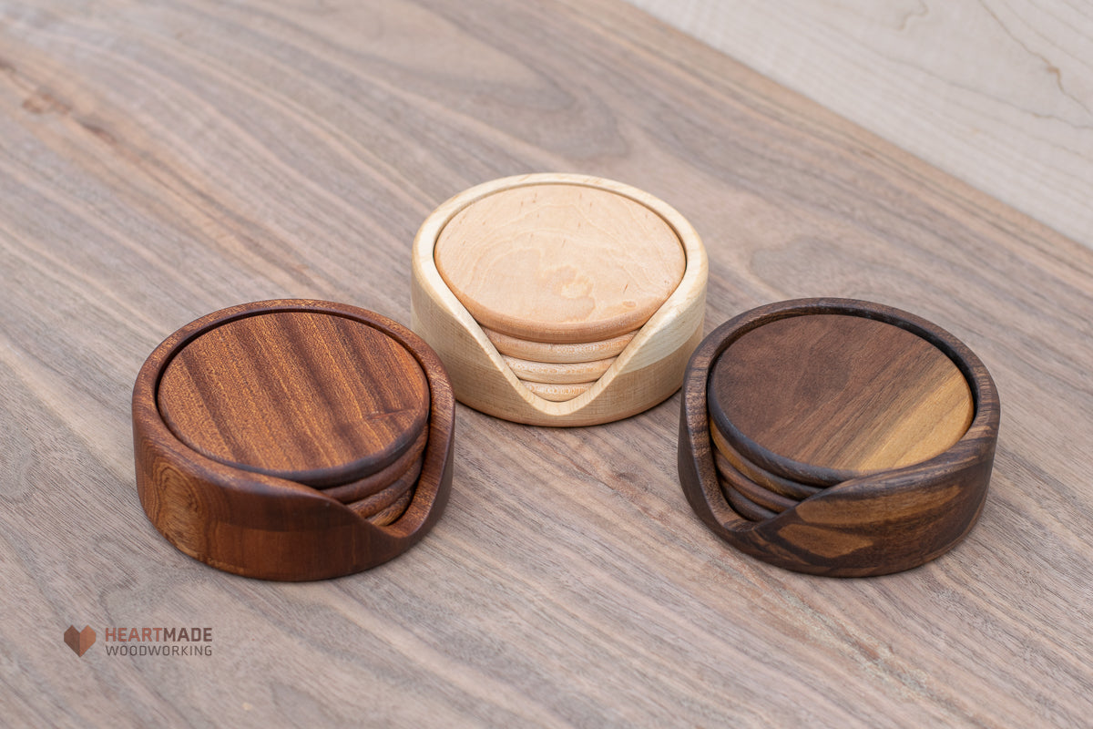 Round Wood Coasters With Holder- Large Wood Coasters - Walnut, Mahogany, Maple