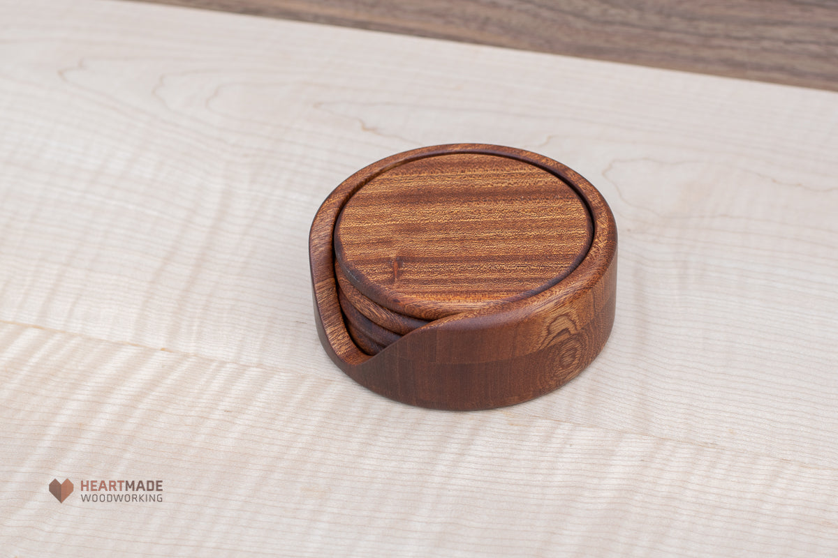 Round Wood Coasters With Holder- Large Wood Coasters - Walnut, Mahogany, Maple