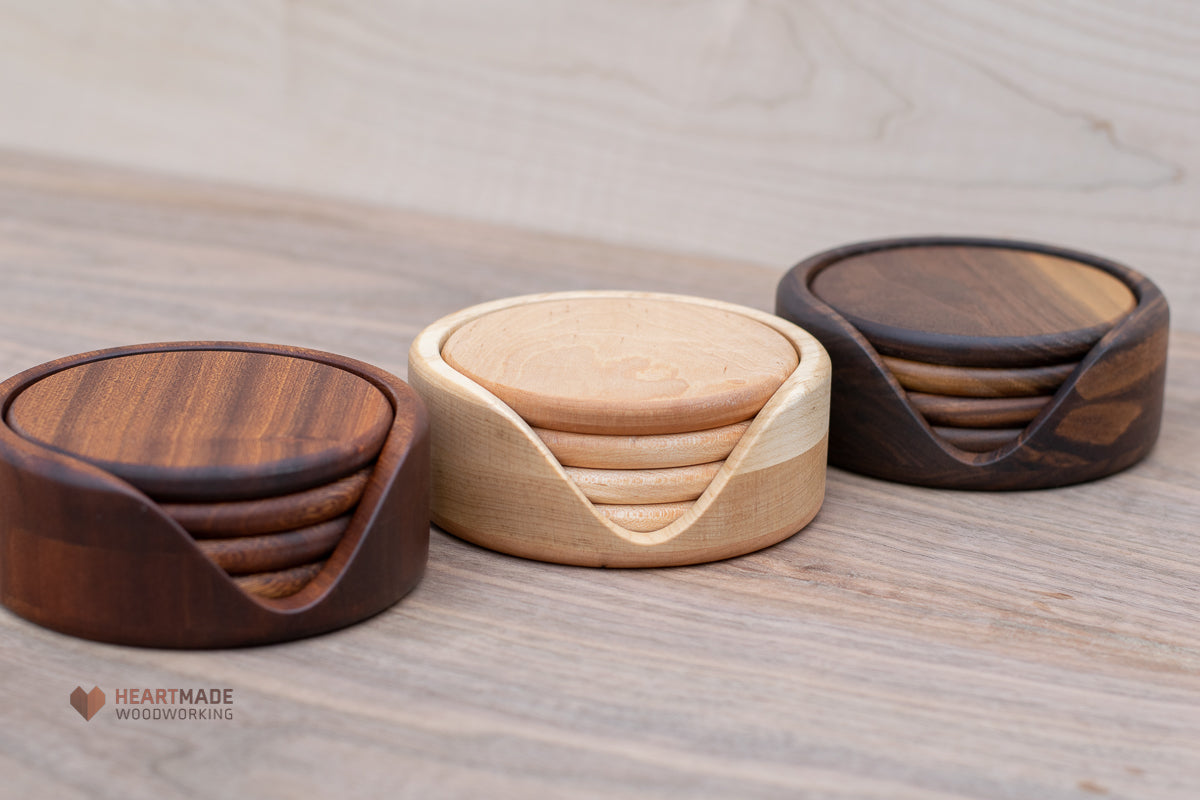 Round Wood Coasters With Holder- Large Wood Coasters - Walnut, Mahogany, Maple