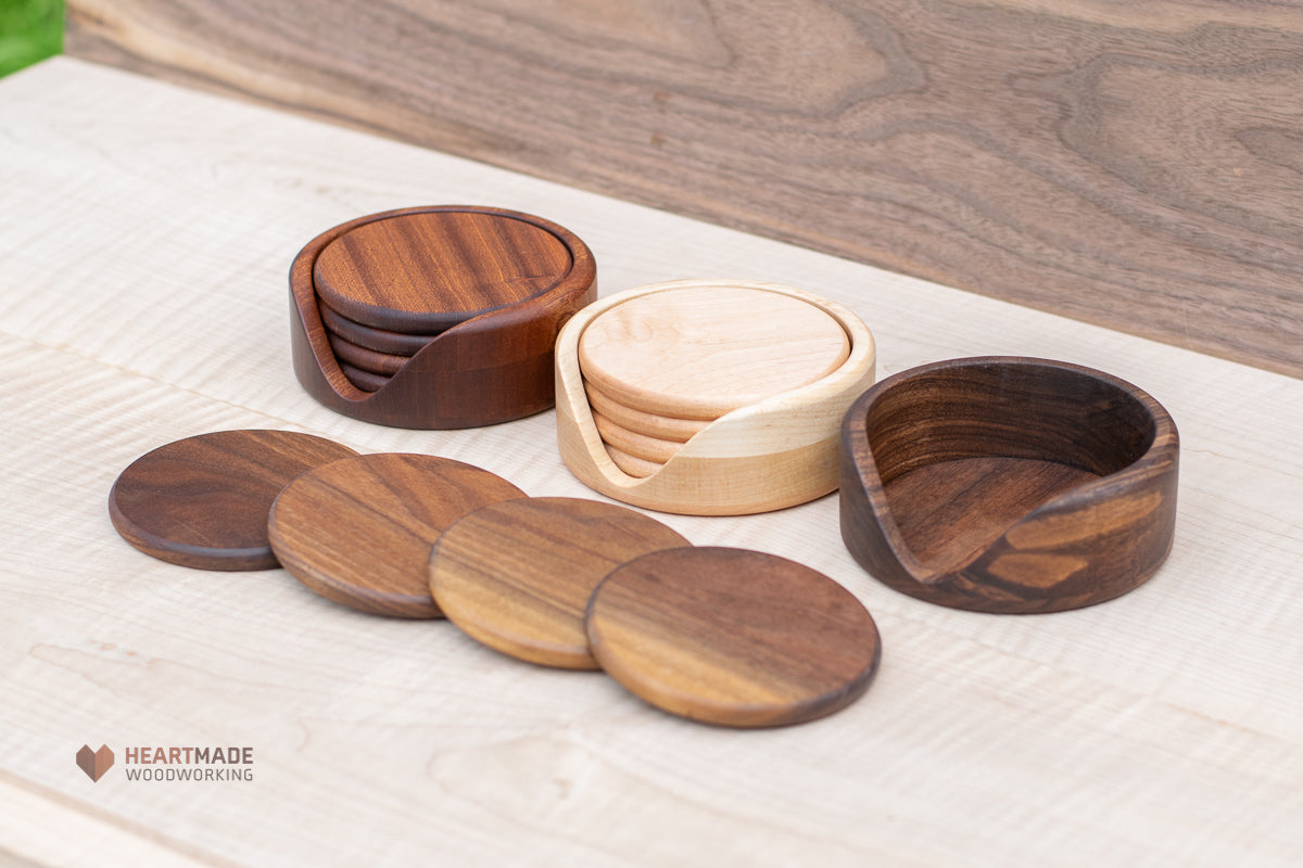 Round Wood Coasters With Holder- Large Wood Coasters - Walnut, Mahogany, Maple