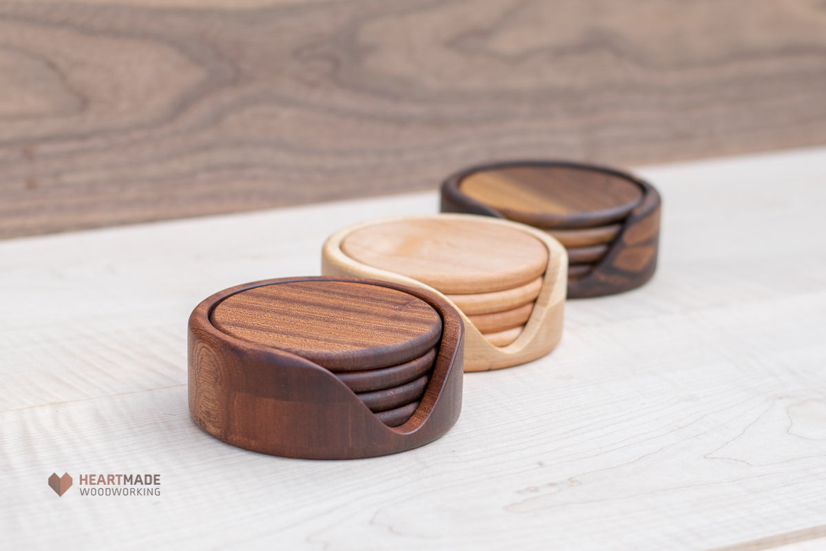 Round Wood Coasters With Holder- Large Wood Coasters - Walnut, Mahogany, Maple