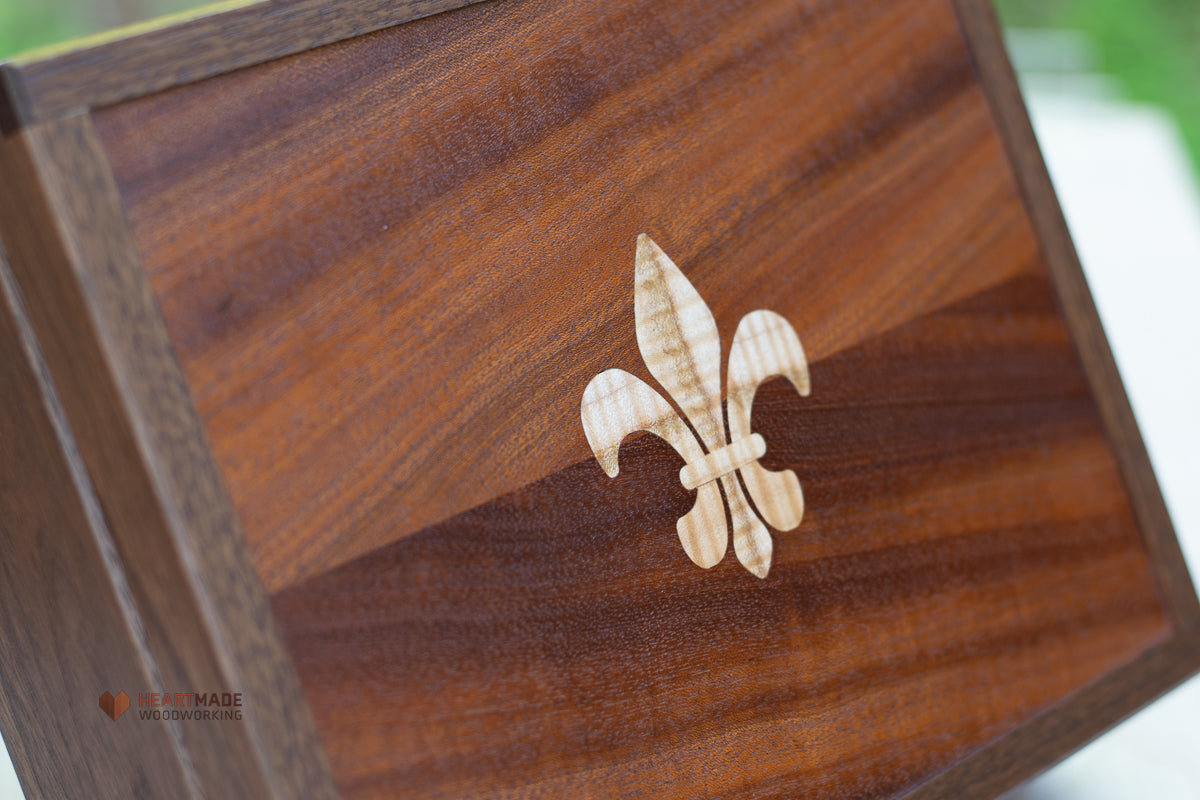 Keepsake Box with Fleur De Lis Inlay - Large Wood Stash Box, Walnut Mahogany Maple