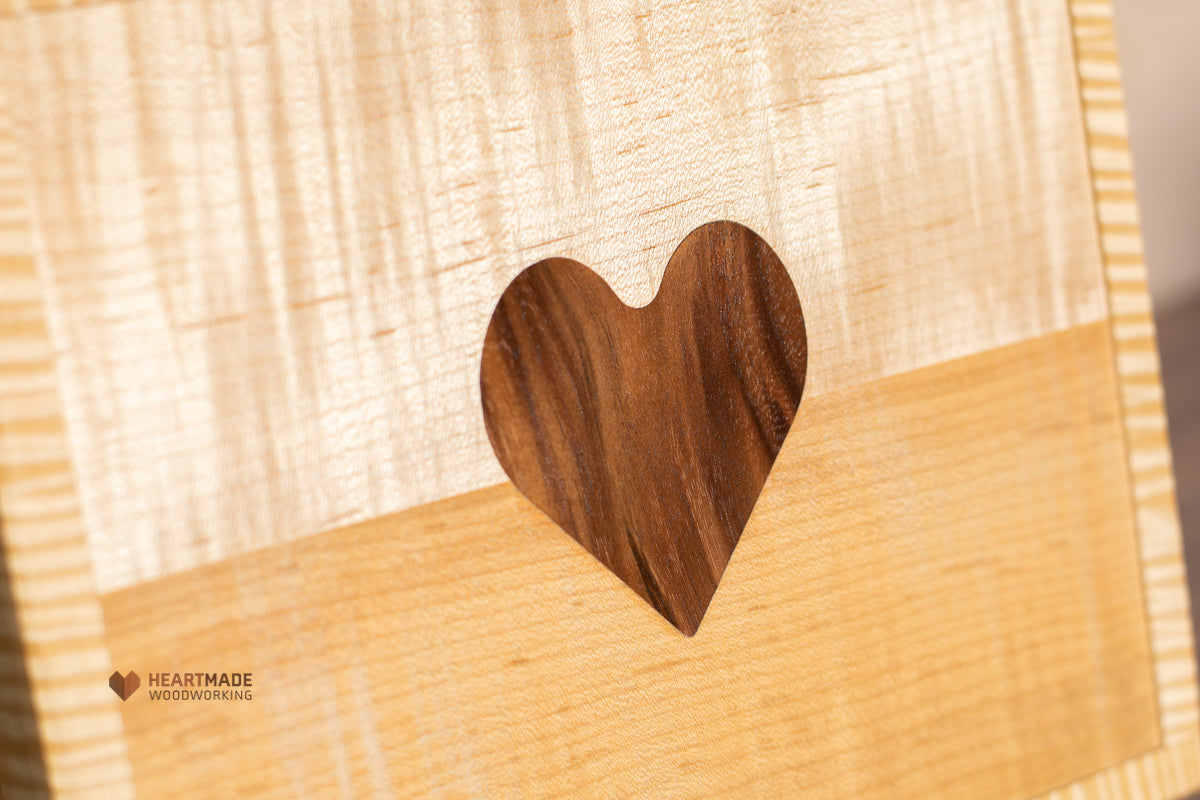 Curly Maple Keepsake Box with Walnut Heart Inlay - Large Wood Stash Box, Jewelry Box, Letter Box, Wedding Box