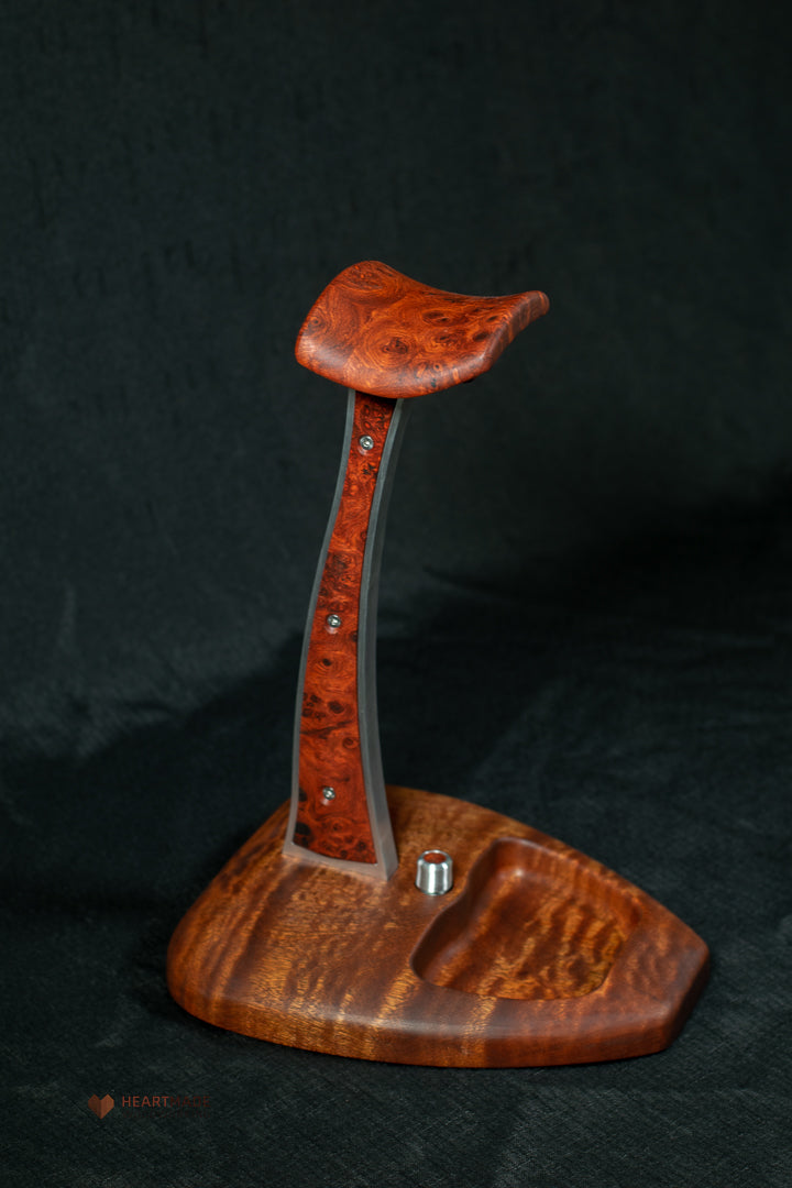 Quilted Mahogany and Burled Amboyna Headphone Stand With LED Lighting