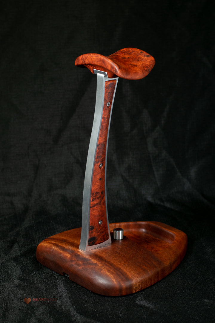 Quilted Mahogany and Burled Amboyna Headphone Stand With LED Lighting