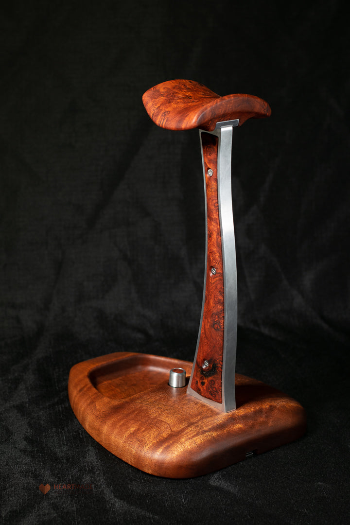 Quilted Mahogany and Burled Amboyna Headphone Stand With LED Lighting