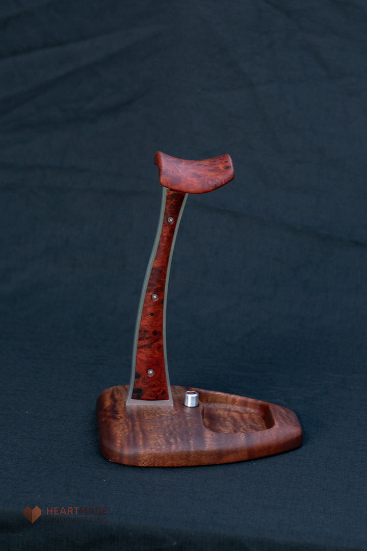 Quilted Mahogany and Burled Amboyna Headphone Stand With LED Lighting