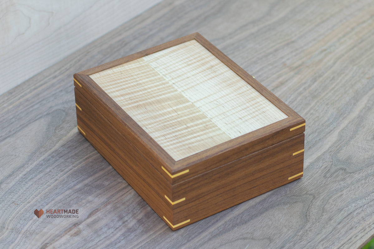 Walnut Box with Curly Maple Top - Stash Box, Memento Box, Wedding Gift Box, Handmade Box, Flamed Maple, Tiger Maple