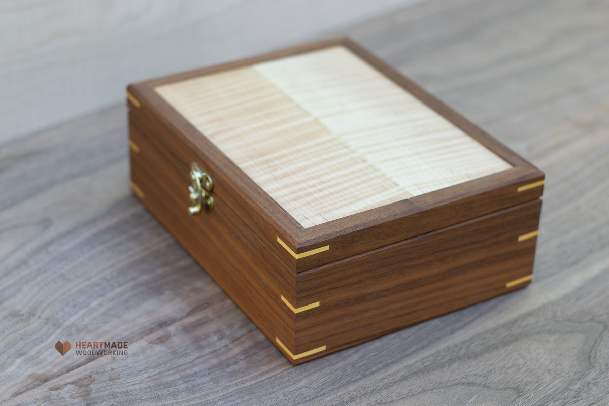 Walnut Box with Curly Maple Top - Stash Box, Memento Box, Wedding Gift Box, Handmade Box, Flamed Maple, Tiger Maple