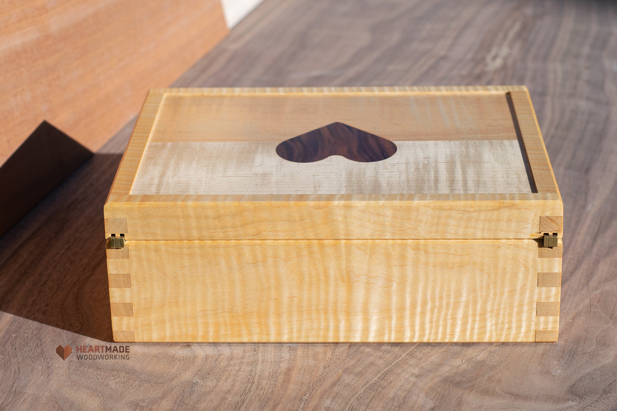 Curly Maple Keepsake Box with Walnut Heart Inlay - Large Wood Stash Box, Jewelry Box, Letter Box, Wedding Box