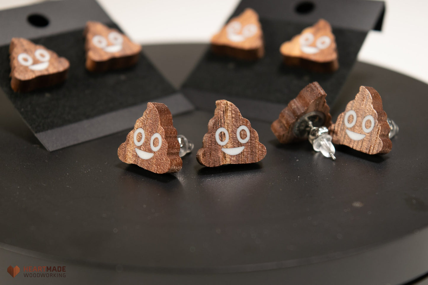 Poop emoji earrings - Walnut with White Epoxy Resin