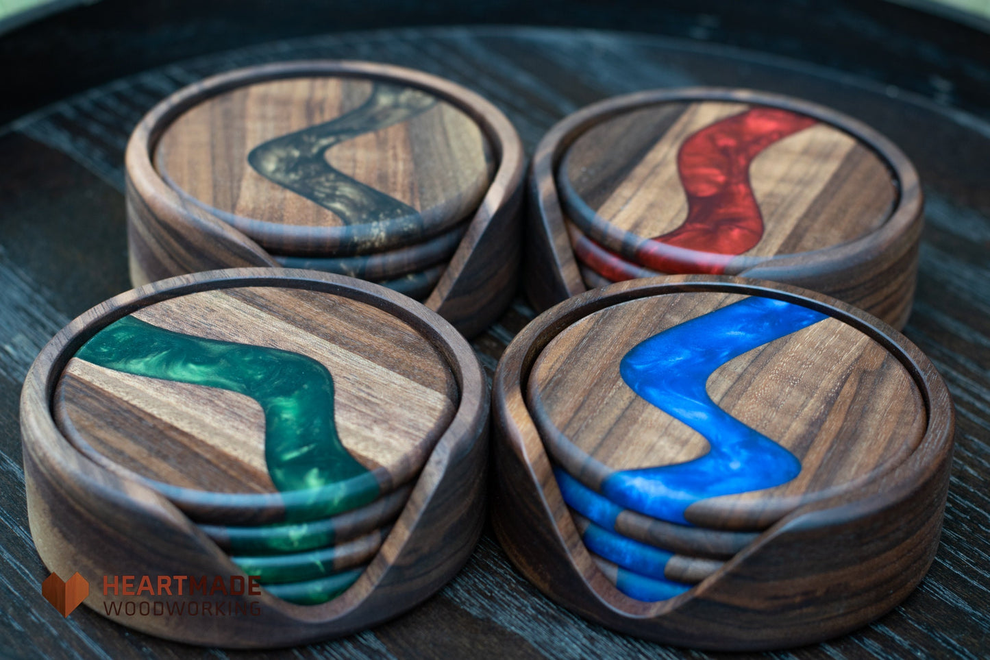 Epoxy River Coasters With Holder - Large Round Coasters - Blue, Green, Red, Bronze - Walnut Wood