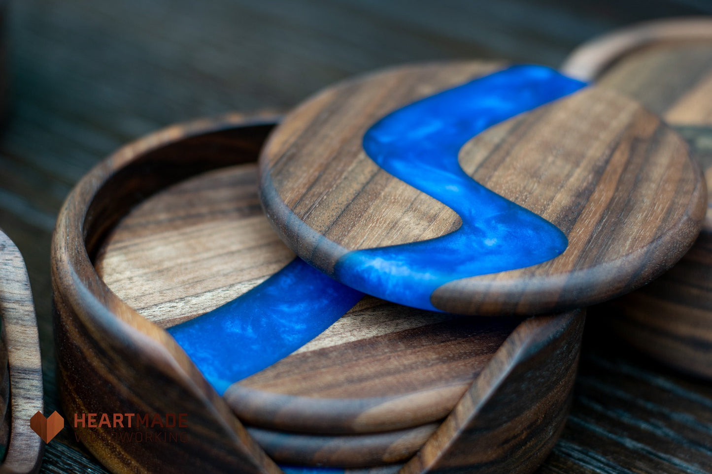 Epoxy River Coasters With Holder - Large Round Coasters - Blue, Green, Red, Bronze - Walnut Wood