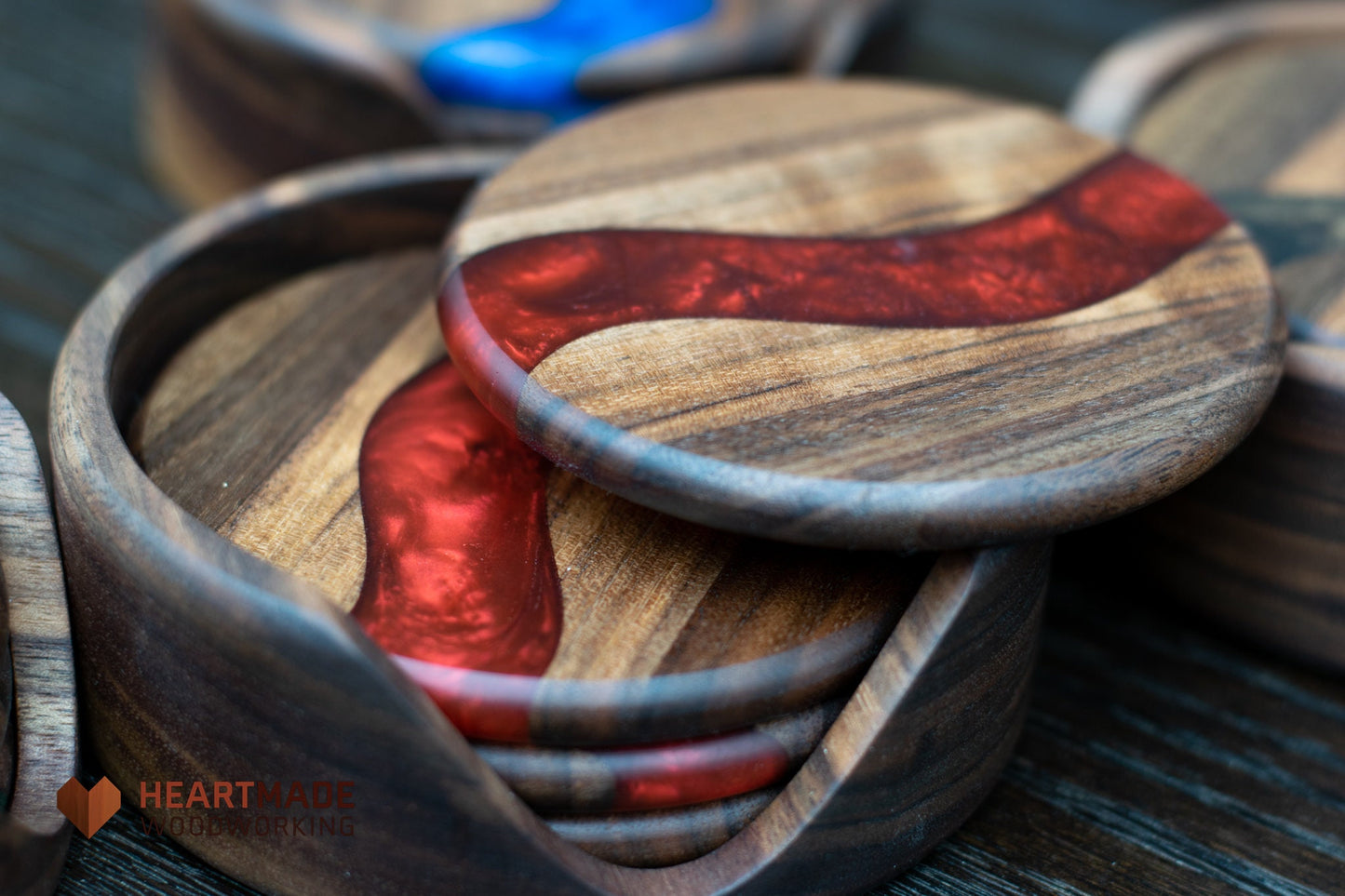 Epoxy River Coasters With Holder - Large Round Coasters - Blue, Green, Red, Bronze - Walnut Wood