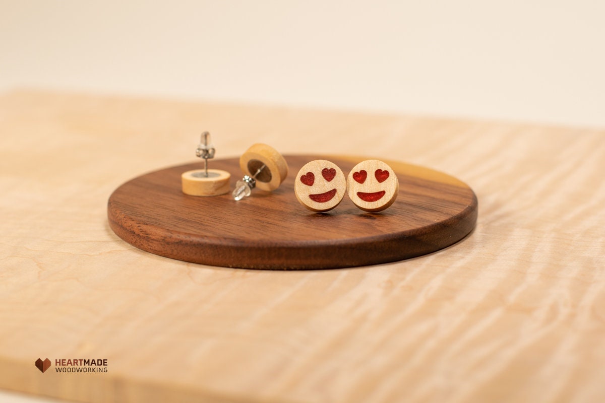 Heart Eyes Emoji Earrings - Maple with Red Epoxy Resin - Wood Earrings,Emoji Earrings,Fun Earrings