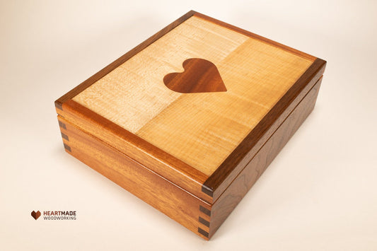 Keepsake Box with Heart Inlay - Large Wood Stash Box, Walnut and Mahogany, Jewelry box