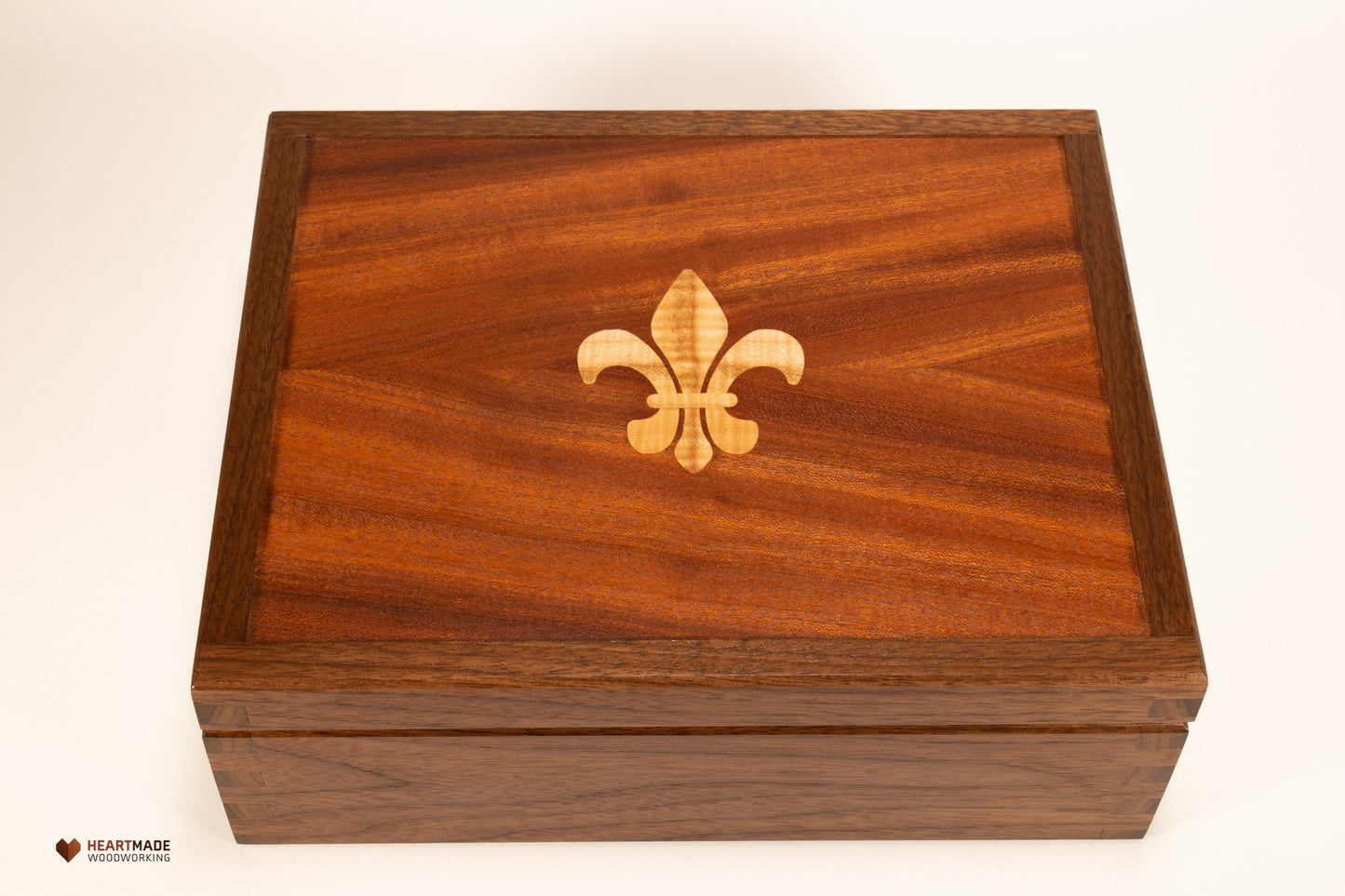 Keepsake Box with Fleur De Lis Inlay - Large Wood Stash Box, Walnut Mahogany Maple