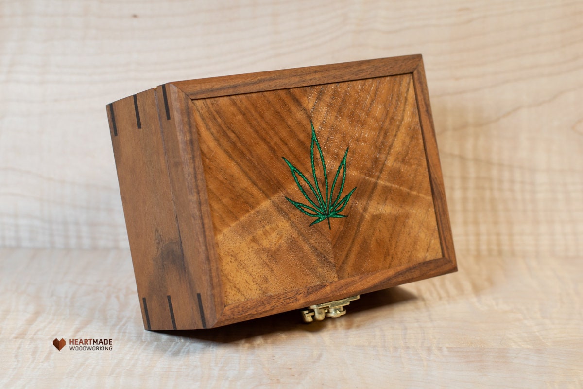 Walnut Box with Cannabis Leaf Epoxy Resin Inlay - Stash Box, Keepsake Box, Junk Box