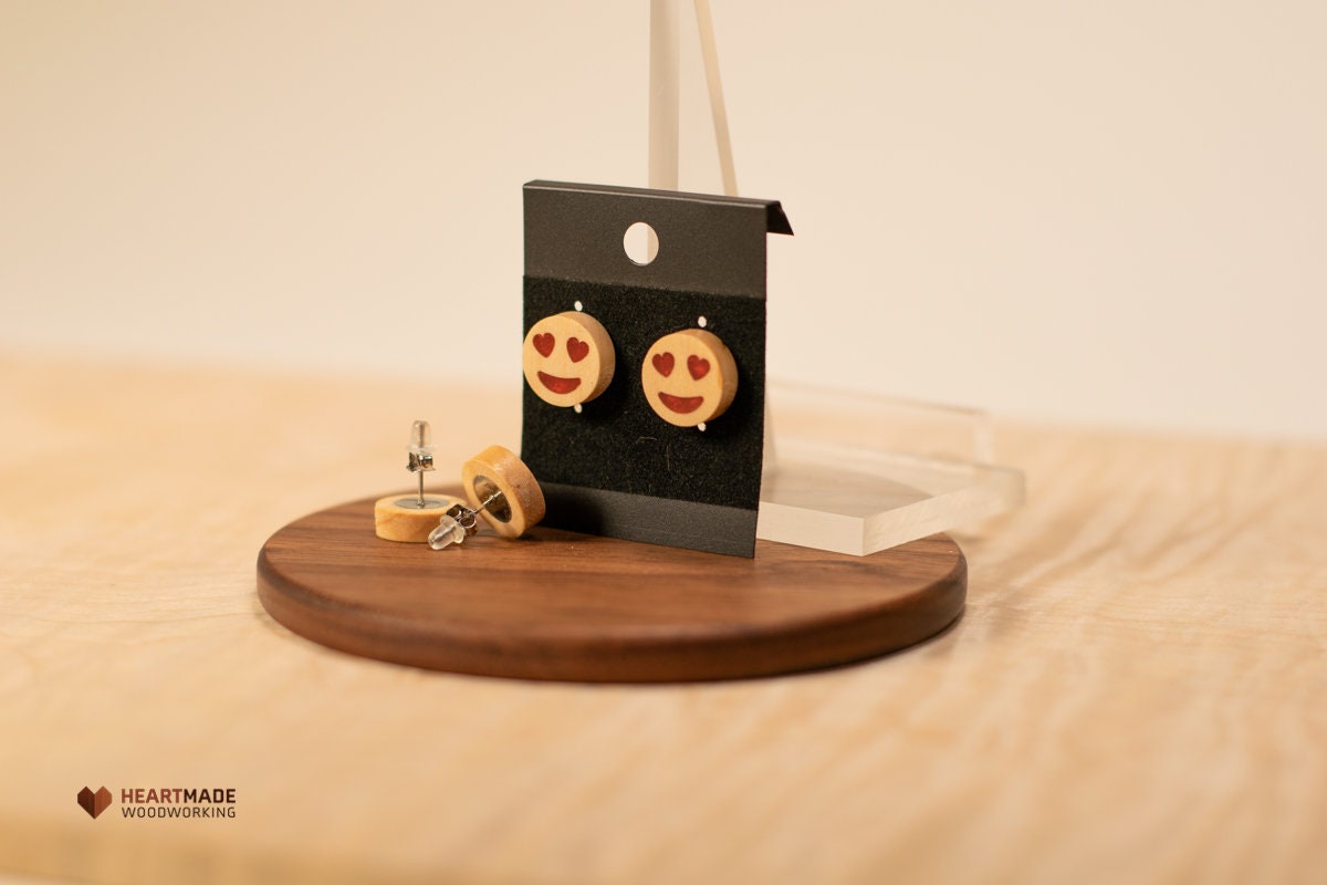 Heart Eyes Emoji Earrings - Maple with Red Epoxy Resin - Wood Earrings,Emoji Earrings,Fun Earrings