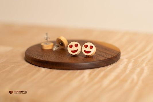 Heart Eyes Emoji Earrings - Maple with Red Epoxy Resin - Wood Earrings,Emoji Earrings,Fun Earrings