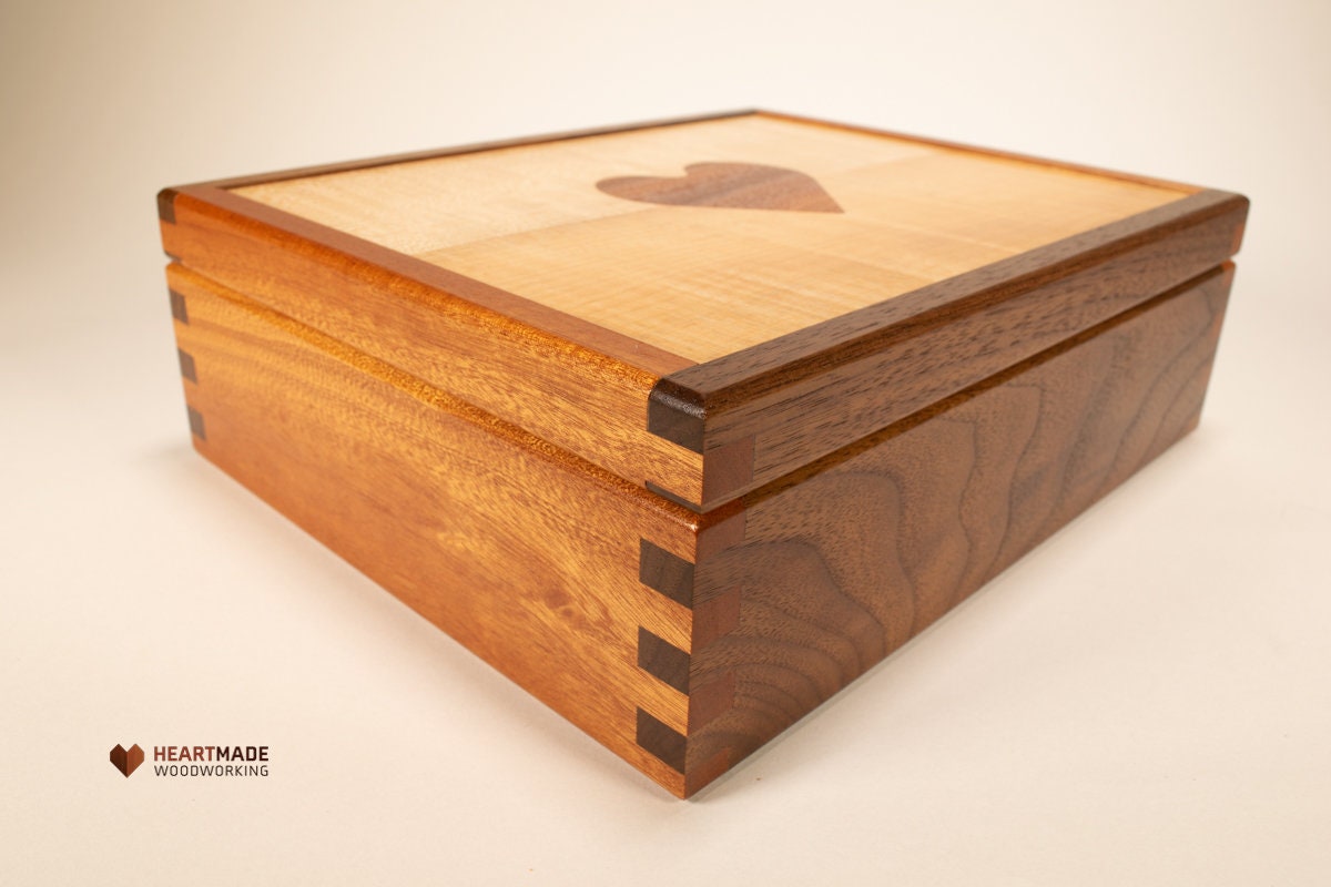 Keepsake Box with Heart Inlay - Large Wood Stash Box, Walnut and Mahogany, Jewelry box