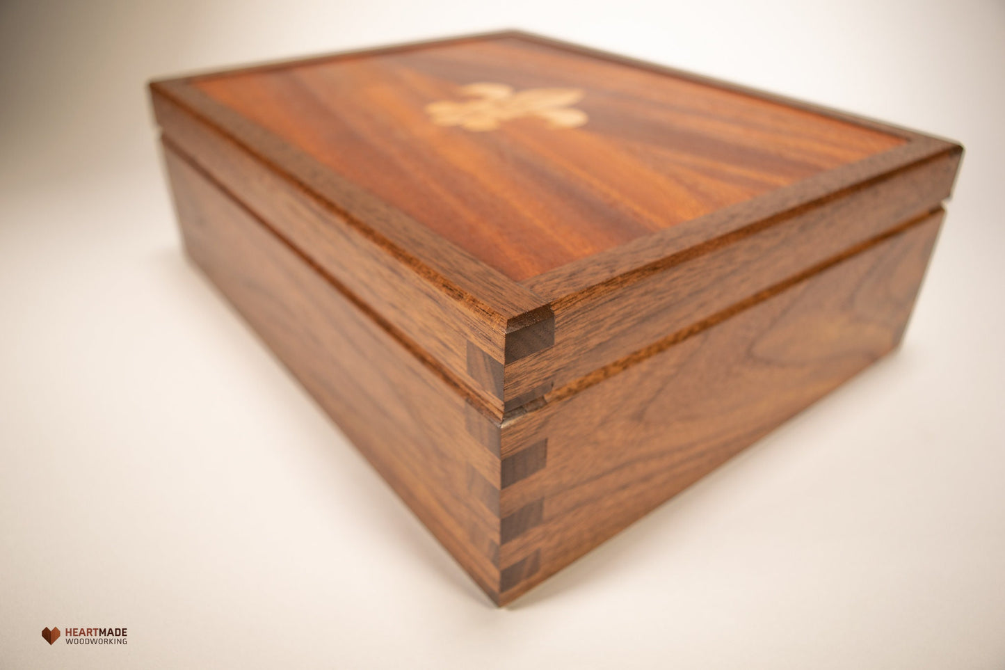 Keepsake Box with Fleur De Lis Inlay - Large Wood Stash Box, Walnut Mahogany Maple