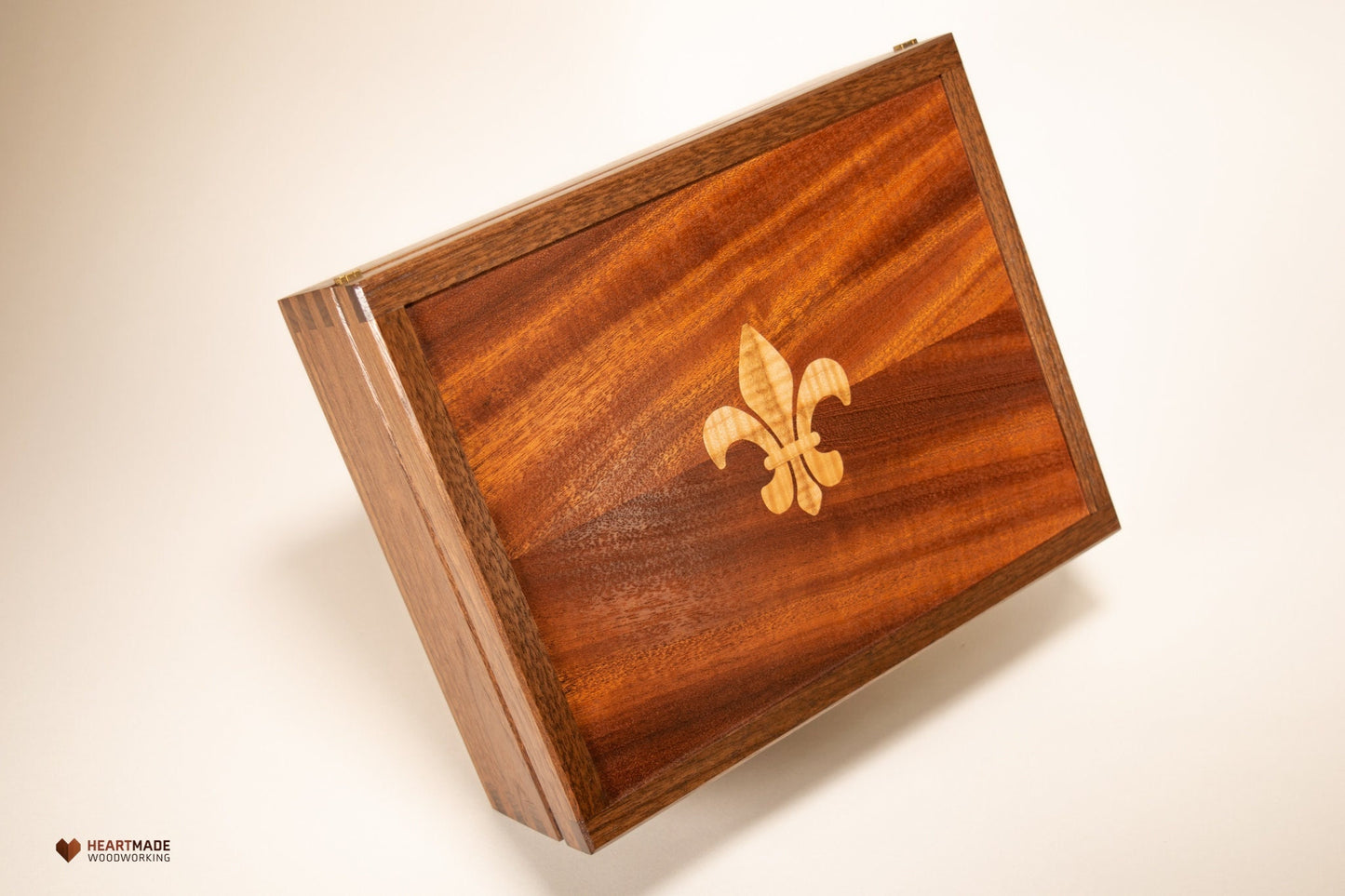 Keepsake Box with Fleur De Lis Inlay - Large Wood Stash Box, Walnut Mahogany Maple