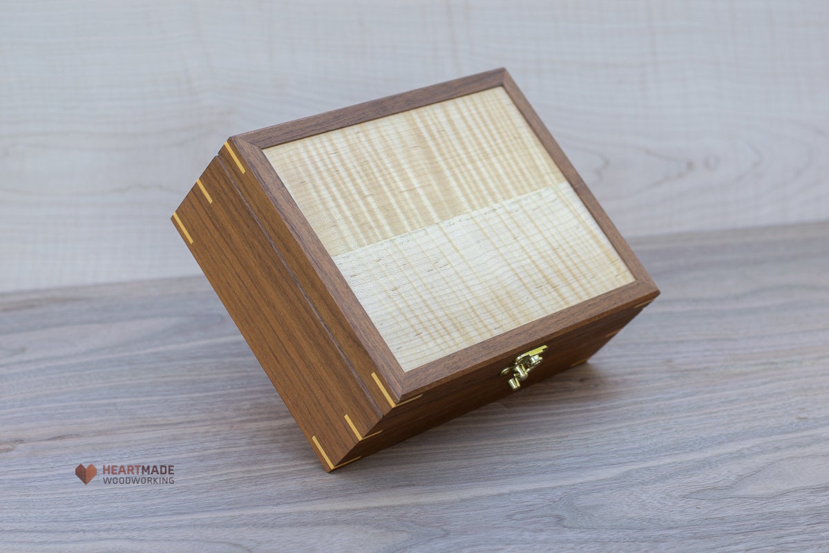 Walnut Box with Curly Maple Top - Stash Box, Memento Box, Wedding Gift Box, Handmade Box, Flamed Maple, Tiger Maple