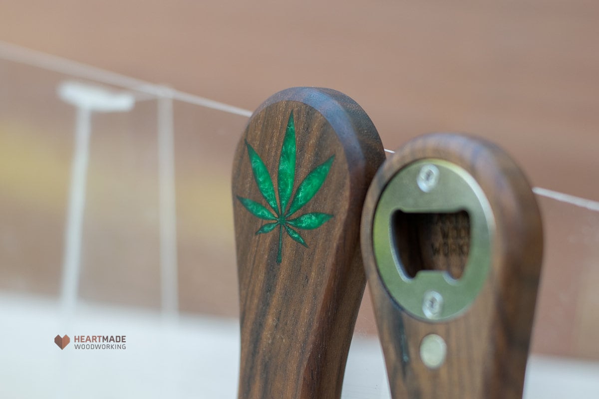 Bottle Opener with Cannabis Leaf Epoxy Inlay - Ergonomic, Groomsmen Gifts, 5th Anniversary Gift