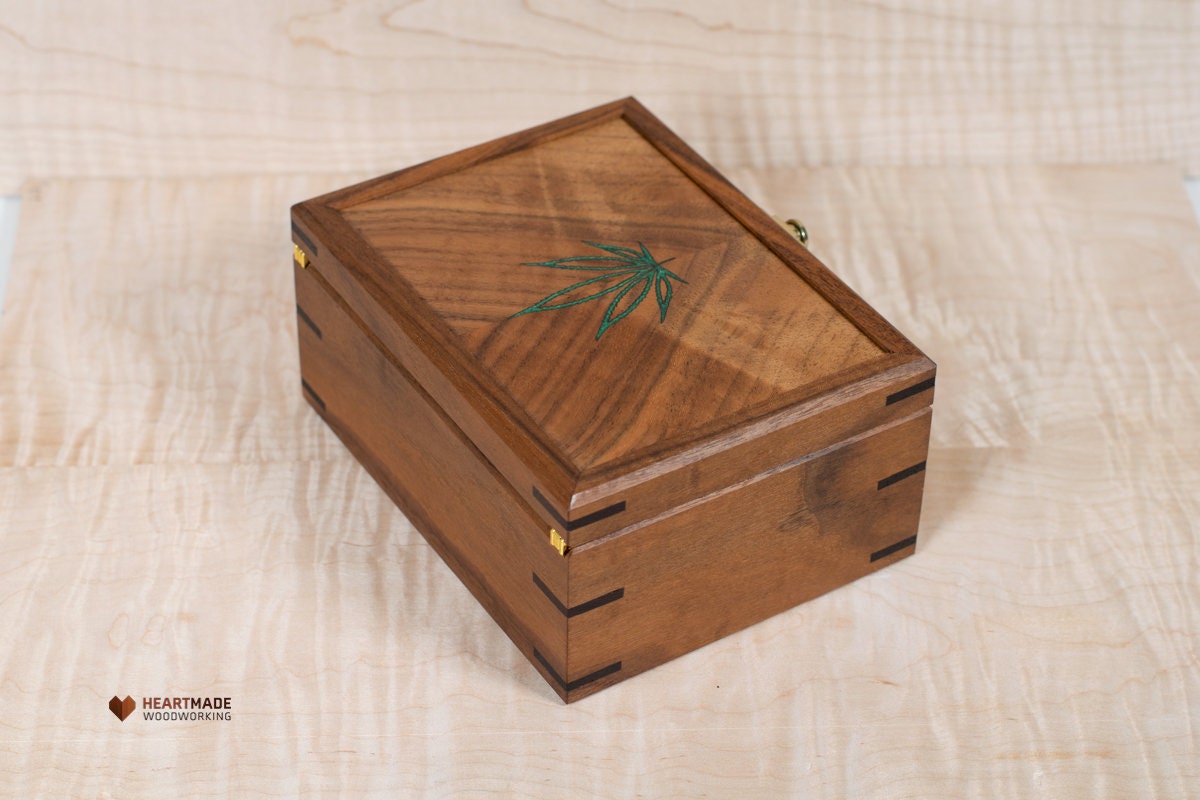 Walnut Box with Cannabis Leaf Epoxy Resin Inlay - Stash Box, Keepsake Box, Junk Box