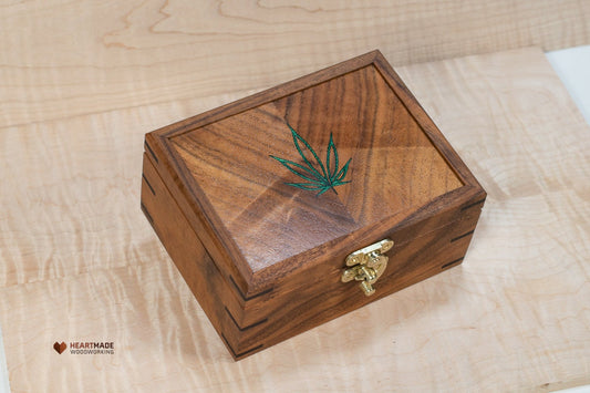 Walnut Box with Cannabis Leaf Epoxy Resin Inlay - Stash Box, Keepsake Box, Junk Box