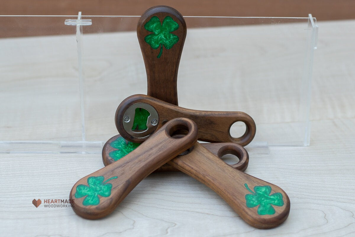 Bottle Opener with 4 Leaf Clover Epoxy Inlay - Ergonomic, Groomsmen Gifts, 5th Anniversary Gift