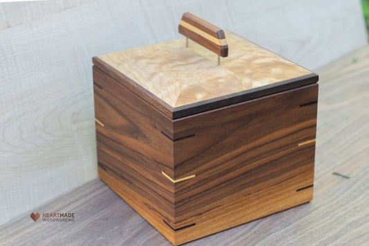 Walnut Box with Quilted Maple Top - Keepsake Box, Urn, Cookie Jar, Wedding Gift, Large Wood Box