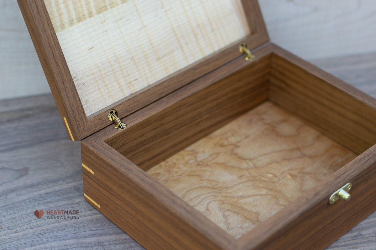 Walnut Box with Curly Maple Top - Stash Box, Memento Box, Wedding Gift Box, Handmade Box, Flamed Maple, Tiger Maple