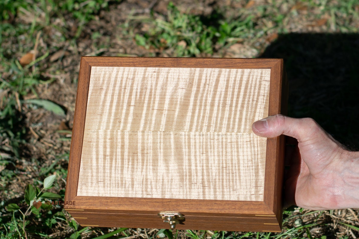 Walnut Box with Curly Maple Top - Stash Box, Memento Box, Wedding Gift Box, Handmade Box, Flamed Maple, Tiger Maple