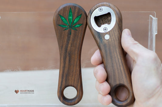 Bottle Opener with Cannabis Leaf Epoxy Inlay - Ergonomic, Groomsmen Gifts, 5th Anniversary Gift