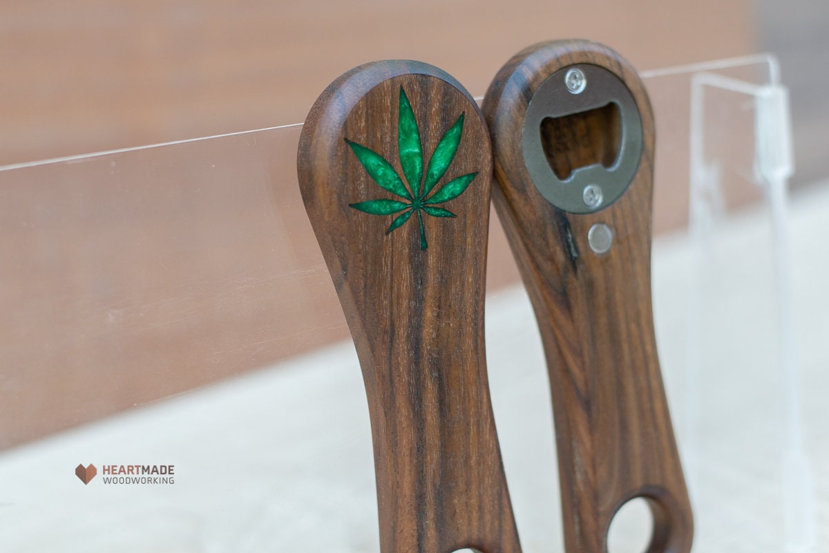 Bottle Opener with Cannabis Leaf Epoxy Inlay - Ergonomic, Groomsmen Gifts, 5th Anniversary Gift